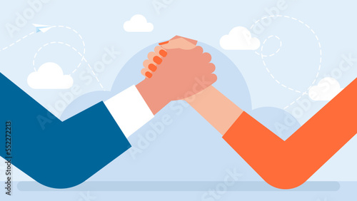 Business man and woman arm wrestling at desk. Business rivals competing. Office worker gender competition and confrontation. Businesspeople compete in arm wrestling. Armwrestling. Vector illustration