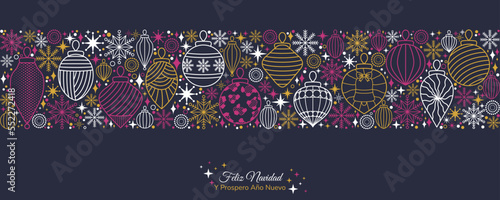 Feliz Navidad. Y Prospero Año Nuevo. Merry Christmas and Happy New Year. Holidays pattern background with Christmas ornament baubles and snowflakes. Editable stroke Geometric Horizontal website header