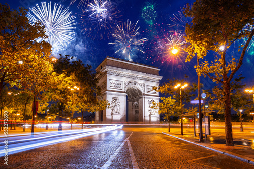 New Year fireworks display over the Arc de Triomphe in Paris. France © Patryk Kosmider