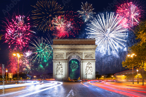 New Year fireworks display over the Arc de Triomphe in Paris. France