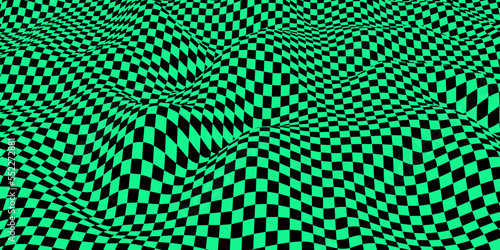 Wavy chess board. Green-black chessboard concept. Wave distortion effect. Vector illustration.