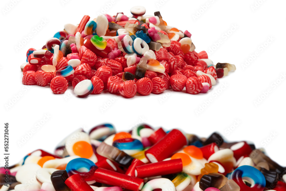 Tasty mix of jelly colorful candies isolated on a white background.