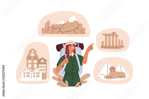 Travel and tourism concept. Tourist planning to visit landmarks, sightseeing, famous places. Girl with backpack, world tour, journey, trip. Flat vector illustration isolated on white background