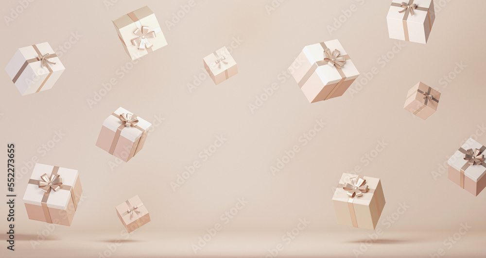 Minimal scene with gift box and pastel background. Concept of Happy New Year and Valentine day. 3D numbers 2023, poster, banner, cover card, brochure, studio, mockup. 3d render
