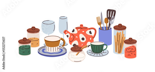 Kitchenware, utensils, household tools composition. Kitchen ware, glassware, cutlery, cups, tea pot, sugar bowl and condiments, spices in jars. Flat vector illustration isolated on white background