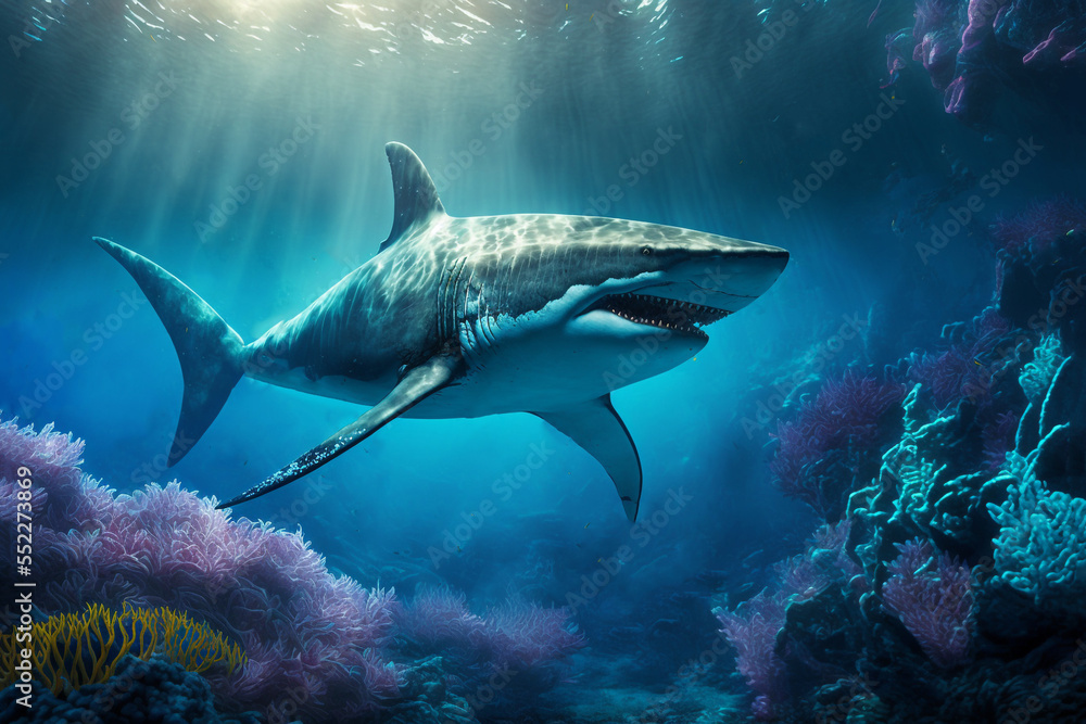 Fototapeta premium illustration of big Shark swimming under clean blue ocean water idea concept for environment preservation