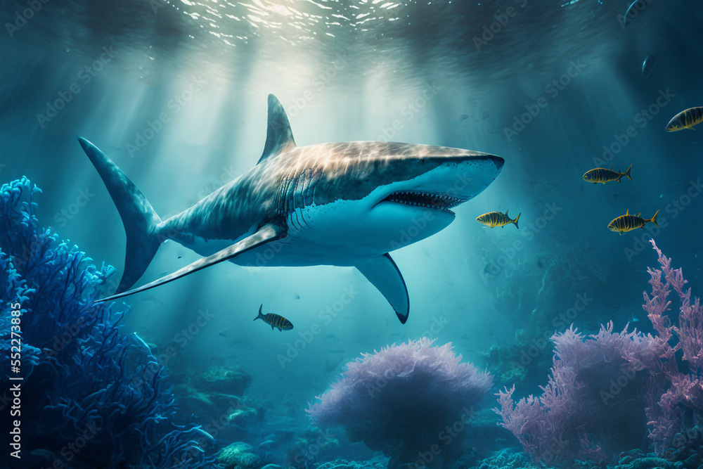 Fototapeta premium illustration of big Shark swimming under clean blue ocean water idea concept for environment preservation