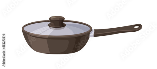 Frying pan with handle and glass lid. Cast iron frypan for cooking. Titanium ...