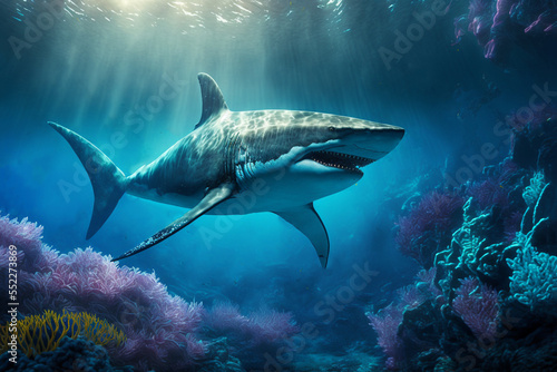 illustration of big Shark swimming under clean blue ocean water idea concept for environment preservation