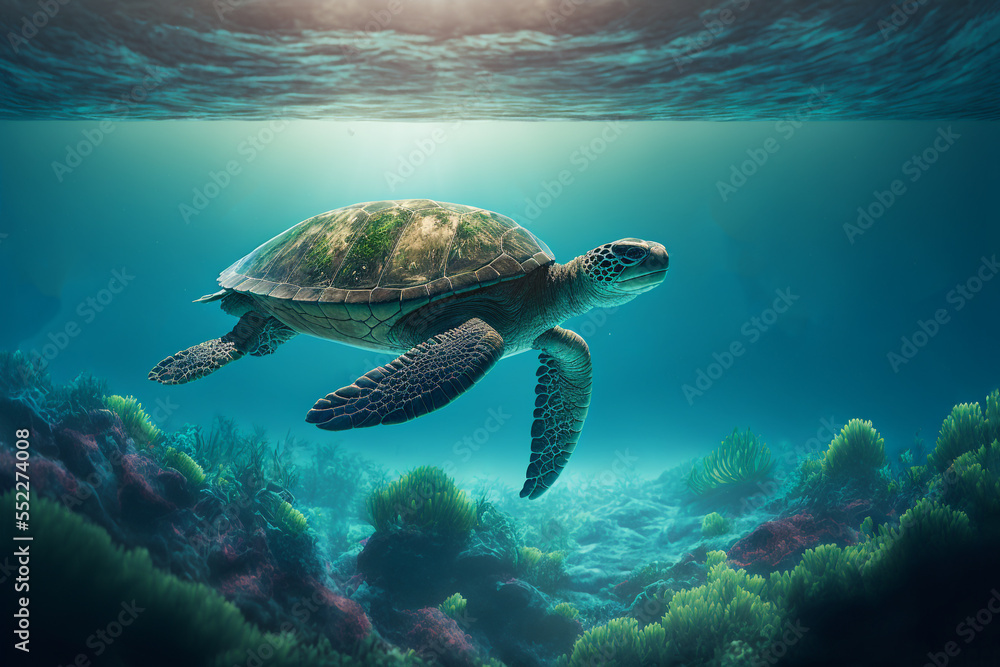 Fototapeta premium illustration of sea turtle swimming under clean blue ocean water idea concept for environment preservation