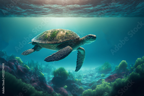 illustration of  sea turtle swimming under clean blue ocean water  idea concept for environment preservation © QuietWord