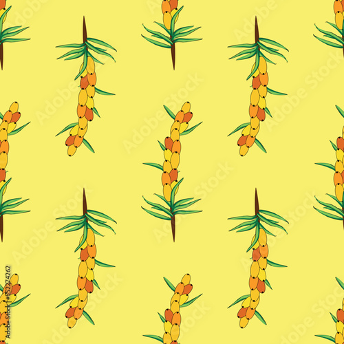 Sea buckthorn seamless pattern. Twigs with berries and leaves. Template with orange fresh berries for wallpaper