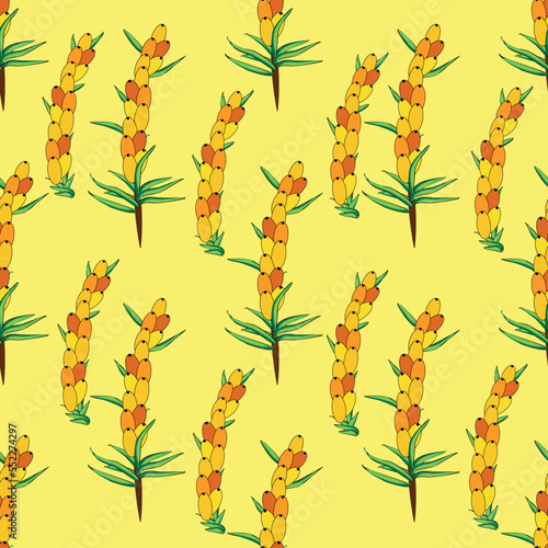 Sea buckthorn seamless pattern. Twigs with berries and leaves. Template with orange fresh berries for wallpaper