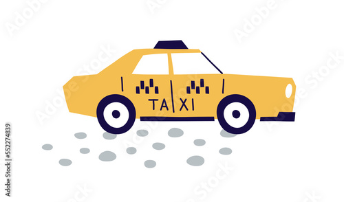 Yellow taxi, passenger car in Scandinavian style. Cute kids cab, auto toy. City taxicab, automobile travel on street. Childish wheeled vehicle. Flat vector illustration isolated on white background
