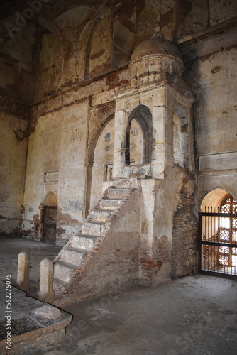Vertical view - Interior Hall of Alif Khan Masjid and worship place of leader Imam, brick structure built in 1325 AD by Alif Bhukai, a childhood friend fo Mahmud Begada at Dholka, Gujrat, India