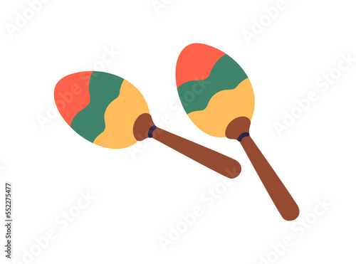 Maracas, Latin Mexican percussion music instrument for shaking. Pair of wood shakers, two folk ethnic Brazilian rattles with handles. Flat vector illustration isolated on white background