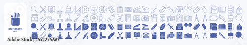 Stationery Icon set, including icons like Rubber Stamp, sensor, pencil, pen, note, pen drive and more. vector illustrations