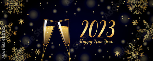 happy new year 2023 greeting card champagne and snowflake