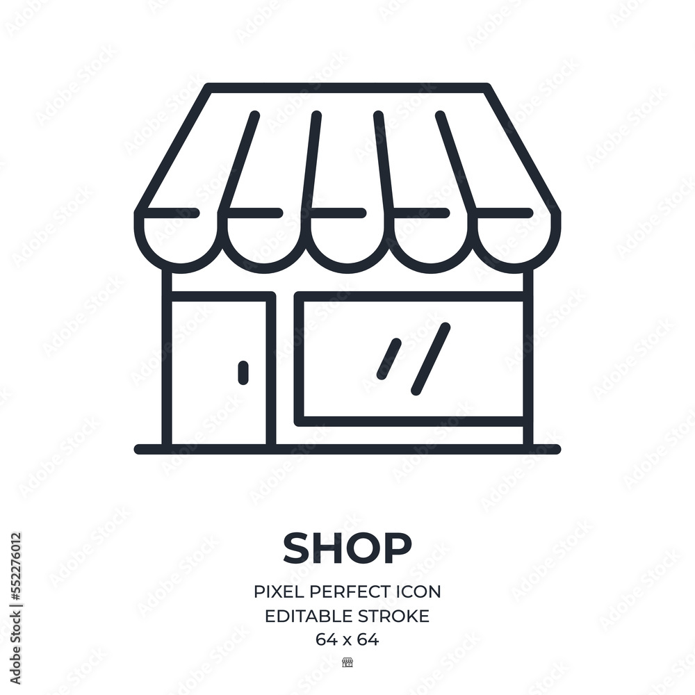 Shop editable stroke outline icon isolated on white background flat vector illustration. Pixel perfect. 64 x 64. Shop editable stroke outline icon isolated on white background flat vector illustration. Pixel perfect. 64 x 64.