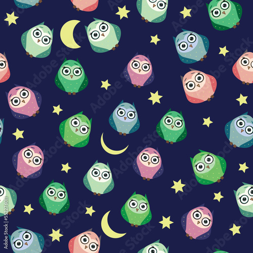 Cute multicolored owls at night with stars, clouds and moon. Seamless pattern in cartoon style, childish seamless pattern, newborn.