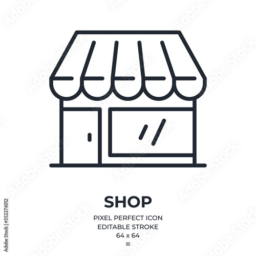 Shop editable stroke outline icon isolated on white background flat vector illustration. Pixel perfect. 64 x 64.