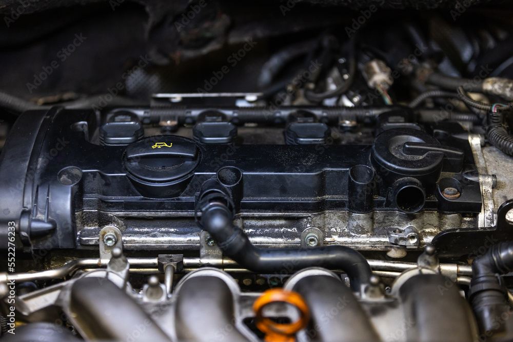 Fototapeta premium Close up of dirty diesel motor in the vehicle or car, transport concept