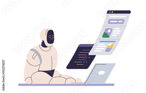 Robot works at laptop. AI, artificial intelligence, business automation, automated process, machine learning concept. Android bot at computer. Flat vector illustration isolated on white background