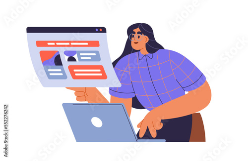 Content manager works at laptop. Web-site editor editing online page at computer. Woman surfing internet. CMS, information technology concept. Flat vector illustration isolated on white background