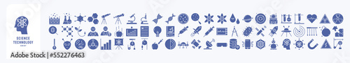 Science and technology Icon set, including icons like astronaut, chemistry, experiment, physics, space, syringe, Atom, telescope, rocket and more. vector illustrations,
