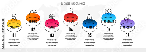 Seven colorful infographics with rounded elements. Modern concept of 7 business steps of the successive development project. Simple infographic design template. Flat vector for data visualization.