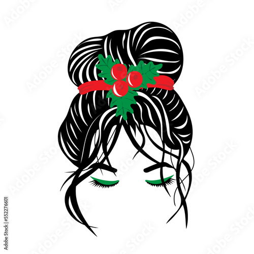Silhouette of a girl face with messy hair in a bun and holly berry. Fashion illustration for t shirt. Christmas design