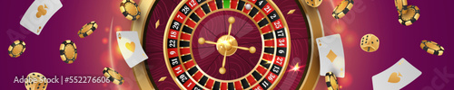 Vector illustration, banner with Golden casino roulette, wheel in the center with flying poker chips, tokens, white playing cards, dices, around on purple background with lights, bokeh