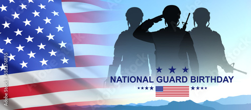 Greeting card for National Guard Day - 13 December. Silhouette of soldiers with USA flag on a background the sunset or the sunrise. EPS10 vector