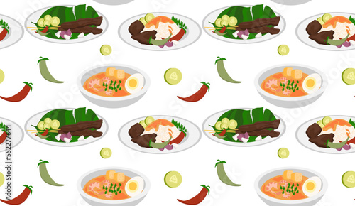 Malaysian cuisine. Traditional dishes. Seamless pattern in vector. Asian cuisine.