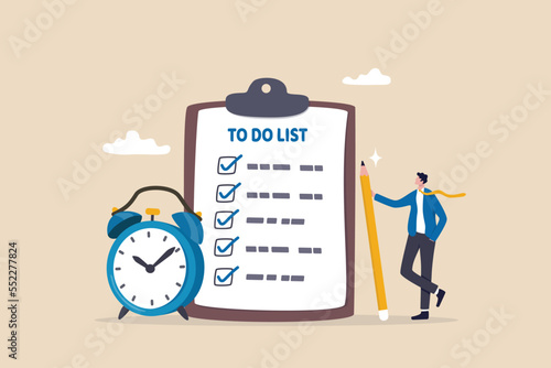 To do list, task management or completion tracking or reminder to finish assignment, work planning or schedule concept, productive businessman with pencil and to do list clipboard with alarm clock.