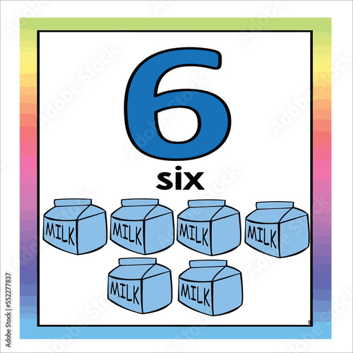 Coloring page - Numbers. Education and fun for children's. Baby first numbers - colorize and count. Printable worksheet - 06 six with milk