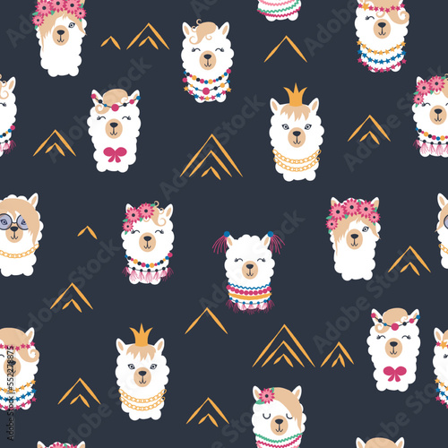 Seamless pattern with llama, alpaca faces. Cute drawings of llama head with hearts, inscription, mountains, cacti, star, dreamcatcher