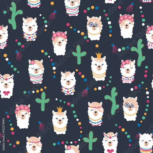 Seamless pattern with llama, alpaca faces. Cute drawings of llama head with hearts, inscription, mountains, cacti, star, dreamcatcher