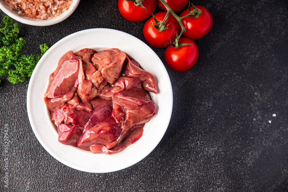 raw chicken liver offal meal food snack on the table copy space food background rustic top view raw chicken liver offal meal food snack on the table copy space food background rustic top view