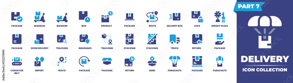 Delivery icon collection part 7. Containing a delivery icon, package icon, waggon icon, box icon, product icon,  route icon, delivery box icon. Vector illustration.