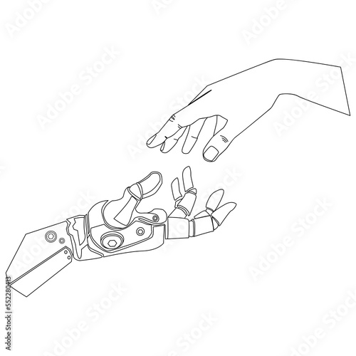 Bionic robotic hand and human hand touch fingers Line art drawing for logo,emblem,print,poster template,vector illustration. Artificial intelligence concept. Bionic arm sketch liner design