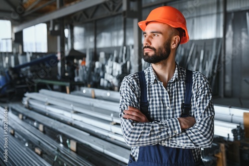 Valokuva Man chooses metal profile for construction in Factory