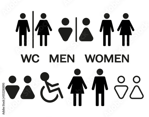 WC wayfinding vector illustration icons. Toilet male and female gender signs. Restroom signs for men, women and disabled people, isolated on white background.