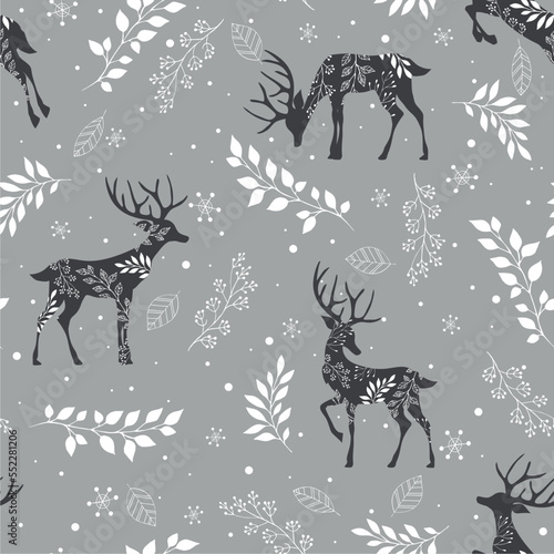 Seamless vector pattern with woodland deers and snowflakes on grey background. Scandinavian Christmas illustration. 