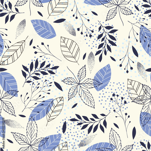 Scandinavian seamless doodle pattern with vintage leaves sketch. Design background greeting cards and invitations to the wedding, birthday and other seasonal winter, spring and other.