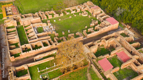 Canvas Print Aerial view of Neptune Roman empire thermal bath and the Barracks of the Fire Brigade of Ostia Antica