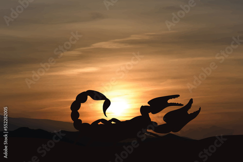 Vector silhouette of scorpion on sunset background.