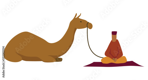 Middle east. Bedouin with camel. Arabic desert traditional symbol. Flat vector illustration