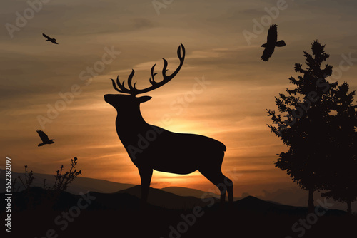 Vector silhouette of forest with deer on sunset background.