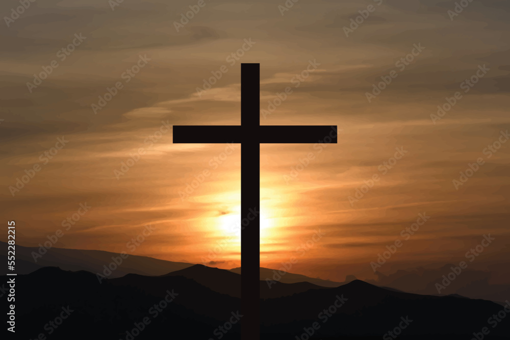 Vector silhouette of cross on sunset background. Symbol of Christianity and religion.
